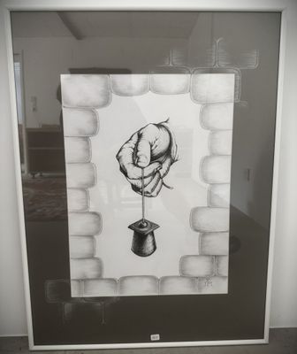 a drawing of a hand holding a flower in a vase