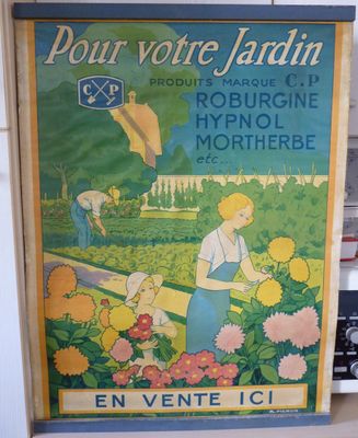 affiche représentant une femme s'occupant de fleurs dans un jardin, devant un micro-ondes