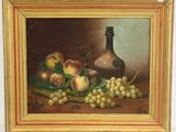 tableau représentant une nature morte composée de pêches, de raisins et d'une bouteille de vin