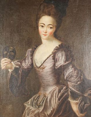 un vieux tableau représentant une femme en robe violette tenant un oiseau