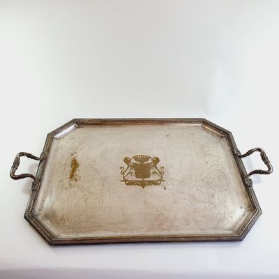 antique silver plated serving tray with handle and handles