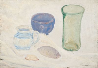 une peinture représentant un verre, un bocal et une cuillère posés sur une table