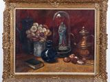 a painting of a vase of flowers and a book on a table