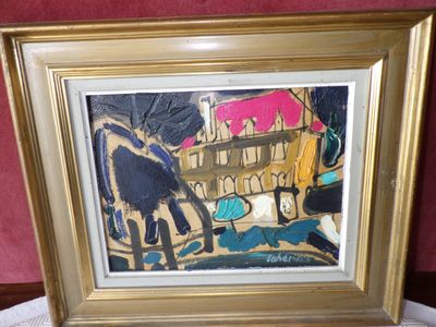 tableau encadré représentant un cheval et un homme dans une écurie