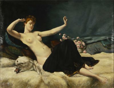 painting of a woman laying on a bed next to a dog
