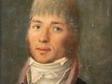 an old painting of a man in a blue coat and white shirt
