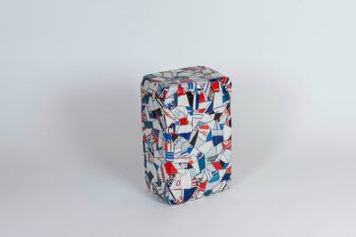 an image of a white and blue box with red, white, and blue designs