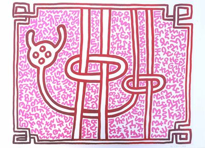dessin représentant un chat dans une cage, sur un fond rose et violet