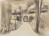 drawing of a drawing of a road with a bridge in the background