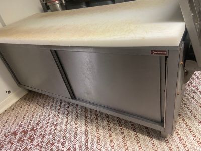a kitchen counter with a sink and a stove in it