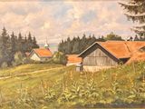 a painting of a farm scene with a barn in the background