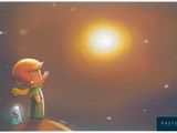 the little boy is standing on a hill looking at the stars