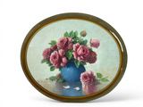 painting of pink roses in a blue vase on a white background