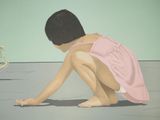 a painting of a little girl kneeling on the ground looking at a bird