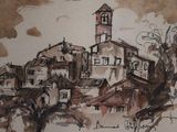 tableau représentant un village avec un clocher et un arbre