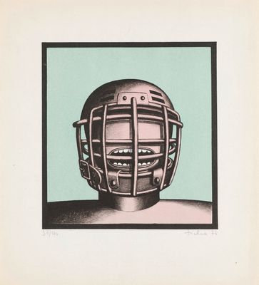 un dessin en noir et blanc représentant un casque de hockey sur fond vert