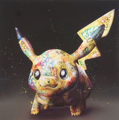 tableau représentant un Pikachu avec des graffitis sur le visage et la queue
