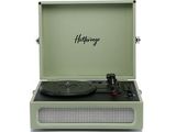 a green record player sitting on top of a white table