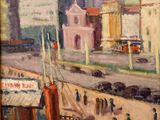 tableau représentant une scène urbaine où l'on voit des gens marcher sur le trottoir