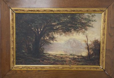 painting of a wooded landscape with trees and a river in the distance