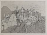 un dessin en noir et blanc représentant une ville avec une tour horloge