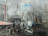 peinture d'une scène de rue avec une église à l'arrière-plan