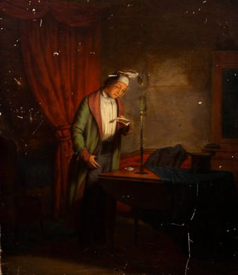 un vieux tableau représentant une femme en train de lire un livre à un bureau