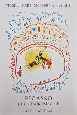 a white poster with a drawing of a man riding a horse