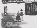 a black and white drawing of a man and a woman standing in front of a building