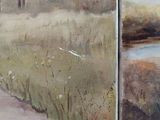 two paintings of a man and a woman walking down a path