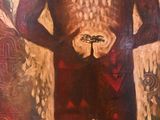 a painting of a man standing in front of a painting of a woman