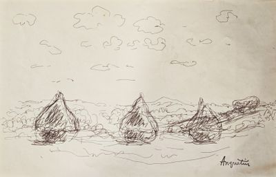 drawing of three boats in a body of water under a cloudy sky