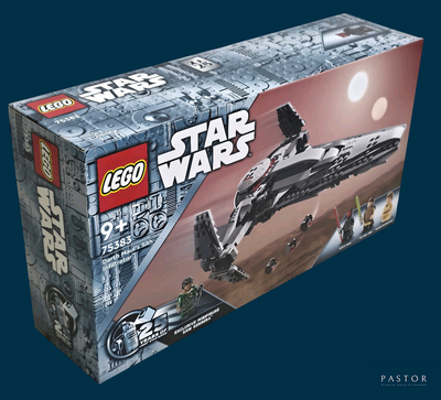 une boîte contenant des sets Lego Star Wars sur fond bleu