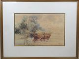 painting of a boat in a body of water with trees in the background