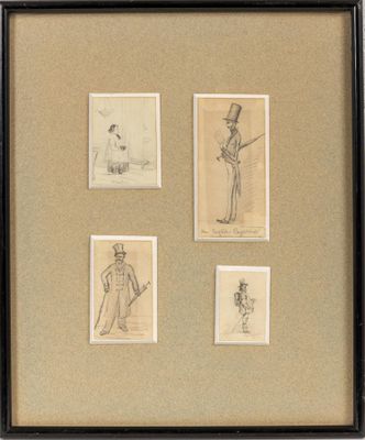 three framed drawings of a man in a top hat and a woman in a top hat