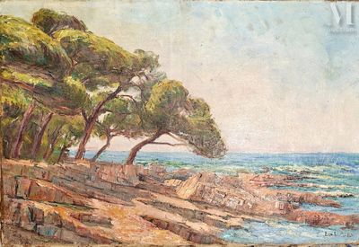 a painting of trees on the shore of the ocean