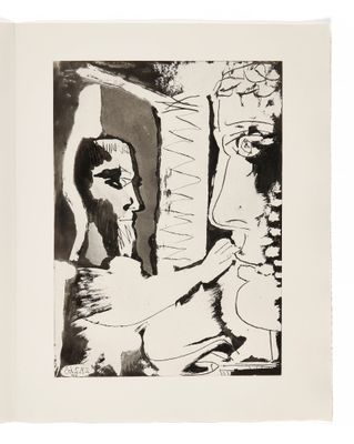 un dessin en noir et blanc représentant un homme avec un chien
