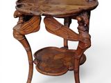 a wooden table with a tray on top of it