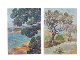 two paintings of trees and a body of water on a white background