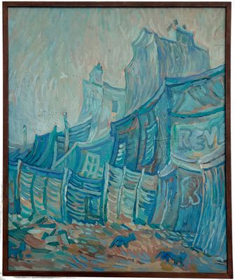 une peinture à l'huile représentant une rangée de maisons sur une plage