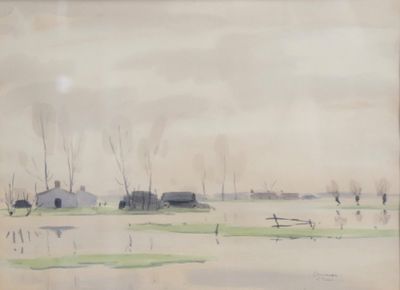 a watercolor painting of a field with a barn in the background