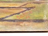 an oil painting of a bird sitting on a branch in the middle of a field