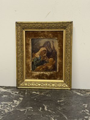 une image représentant un tableau où l'on voit une femme tenant un chien sur un sol en marbre