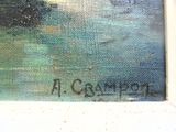 une peinture à l'huile représentant un bateau sur un plan d'eau, avec le ciel en arrière-plan