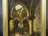 une peinture représentant une peinture montrant des personnes dans un vieux bâtiment