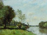 a painting of a man fishing on a river