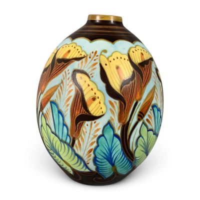 a vase with a design on it on a white background