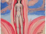 une image représentant un tableau où l'on voit une femme debout au milieu d'une fleur rose