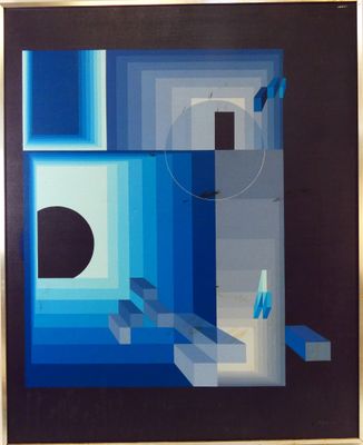 an abstract painting of blue and white squares with a black circle in the middle