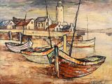 painting of boats in a harbor with a lighthouse in the background